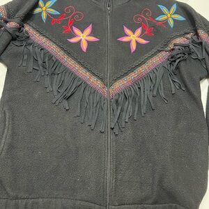 Vintage Black Western Oversized with Colorful Floral Embroidery and Fringe!